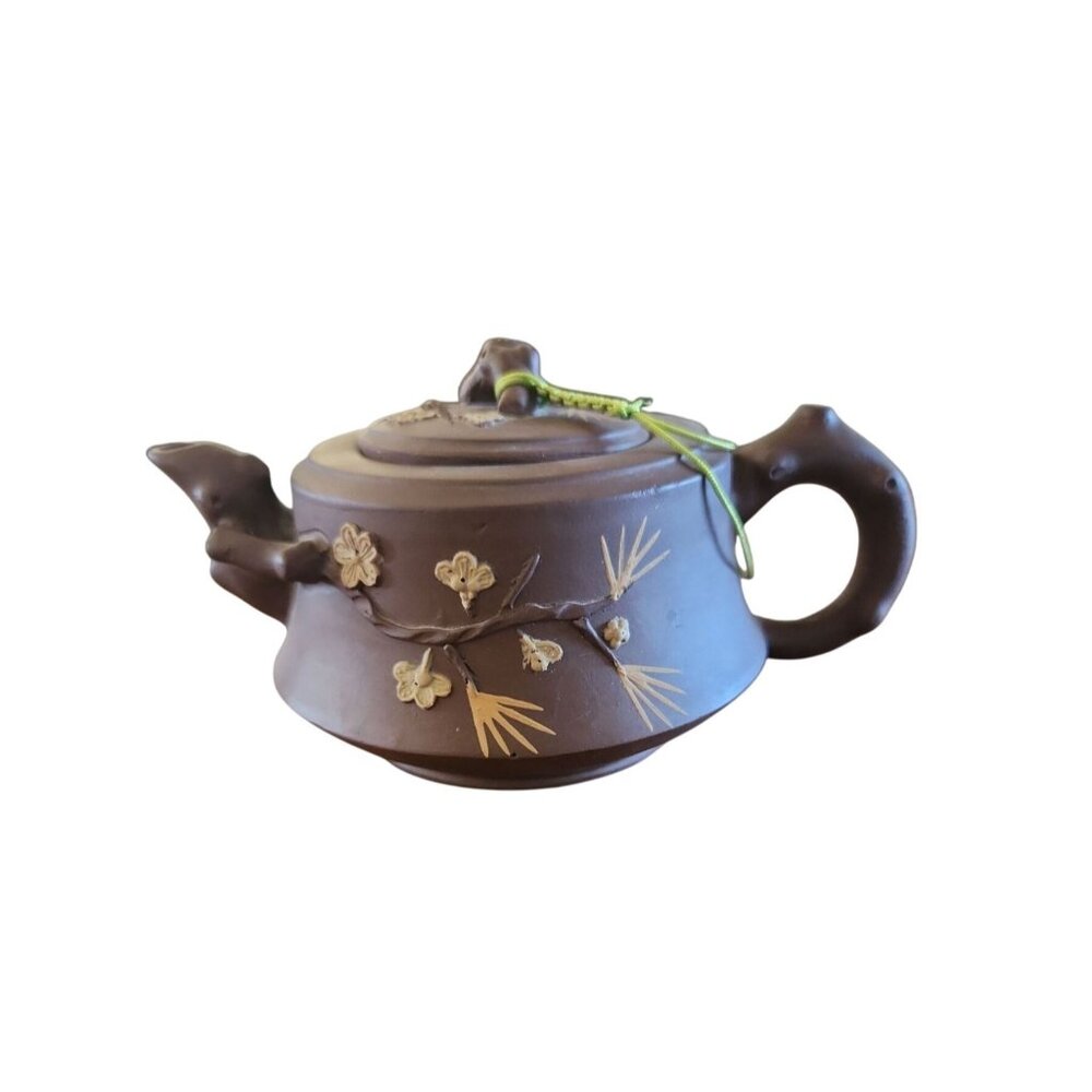 Vintage Chinese Yixing Zisha Clay Teapot With Bamboo & Floral Design Handcrafted
